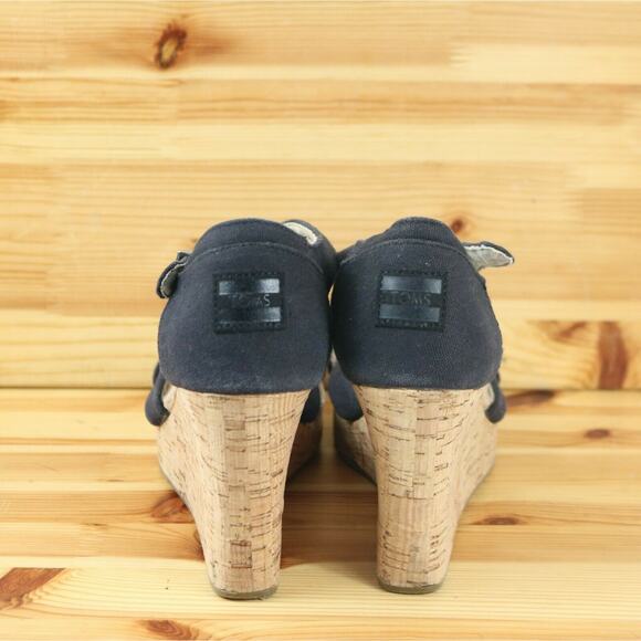Toms Womens 9.5 Navy Blue Canvas Strappy Wedge Heel Sandals Ankle Strap - Picture 5 of 9